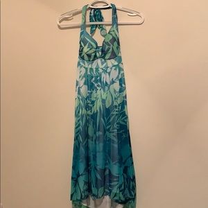 Tropical halter, high-low dress with open back